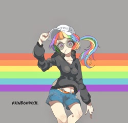 Size: 865x832 | Tagged: safe, artist:trilithon, derpibooru import, rainbow dash, human, belly button, clothes, glasses, hoodie, human coloration, humanized, midriff, solo