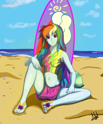 Size: 1024x1229 | Tagged: safe, artist:1995marsil, artist:marsil, derpibooru import, rainbow dash, tank, better together, equestria girls, forgotten friendship, belly button, clothes, feet, female, flip-flops, legs, sandals, sitting, solo, surfboard, swimsuit