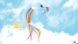 Size: 1920x1080 | Tagged: safe, artist:mentalsuicide1, artist:sairoch, derpibooru import, rainbow dash, pegasus, pony, female, long tail, mare, pointing, rainbow trail, sky, solo, sun, vector, wallpaper