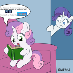 Size: 1000x1000 | Tagged: safe, artist:empyu, edit, rarity, sweetie belle, pony, unicorn, 30 minute art challenge, bill wurtz, book, exploitable meme, frown, history of japan, hoof hold, japan, meme, neighpon, reading, sitting, sofa, sweetie belle's book, wide eyes