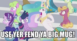 Size: 960x510 | Tagged: safe, edit, edited screencap, screencap, citrine spark, clever musings, cloudburst, daisy, fire flicker, fire quacker, flower wishes, gallus, princess celestia, sandbar, starlight glimmer, twilight sparkle, twilight sparkle (alicorn), alicorn, pony, 2 4 6 greaaat, caption, footrot flats, friendship student, image macro, screaming, stadium, text, traditional royal canterlot voice