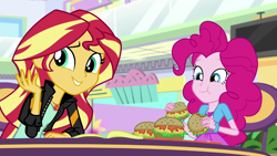 Size: 1920x1080 | Tagged: safe, screencap, pinkie pie, sunset shimmer, equestria girls, mirror magic, spoiler:eqg specials, belt, book, bracelet, burger, canterlot mall, cardigan, chair, clothes, cute, eating, food, geode of empathy, geode of sugar bombs, hamburger, jacket, jewelry, leather jacket, looking at you, looking down, magical geodes, oat burger, oats, shimmerbetes, shirt, sitting, skirt, smiling, table, that human sure does love burgers