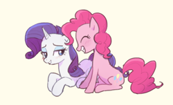 Size: 568x345 | Tagged: safe, artist:baekgup, pinkie pie, rarity, earth pony, pony, unicorn, eyes closed, female, laughing, lesbian, prone, raripie, shipping, smiling