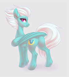 Size: 1957x2181 | Tagged: safe, artist:nightskrill, fleetfoot, pegasus, pony, butt, ear fluff, female, folded wings, gray background, leg fluff, looking at you, looking back, looking back at you, mare, plot, rear view, simple background, solo, stupid sexy fleetfoot, wings