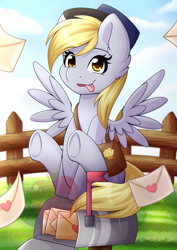 Size: 2480x3507 | Tagged: safe, artist:nana-yuka, derpy hooves, pegasus, pony, :p, cute, derpabetes, ear fluff, female, fence, letter, mailbox, mare, silly, solo, spread wings, tongue out, watermark, wing fluff, wings