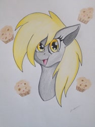Size: 1024x1365 | Tagged: safe, artist:luxiwind, derpy hooves, pony, bust, food, muffin, portrait, solo, traditional art