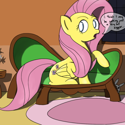 Size: 1200x1200 | Tagged: safe, artist:varemia, angel bunny, fluttershy, pegasus, pony, dialogue, discord lamp, growth, lamp, sitting, sofa, solo