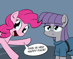 Size: 1280x1025 | Tagged: safe, artist:whatsapokemon, maud pie, pinkie pie, earth pony, pony, clothes, cute, dialogue, duo, ear fluff, emotion, female, happy, looking at you, mare, open mouth, sisters, speech bubble