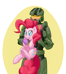 Size: 622x700 | Tagged: safe, artist:dstears, pinkie pie, human, pony, brush, brushie, brushing, hairbrush, halo (series), holding a pony, ice cream cone, licking, master chief, underhoof