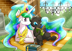 Size: 2120x1500 | Tagged: safe, artist:vavacung, daring do, princess celestia, alicorn, changeling, pony, comic:changeling-scout, blanket, book, cute, cuteling, momlestia, prone, smiling, vavacung is trying to murder us