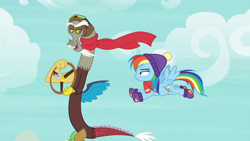 Size: 1280x720 | Tagged: safe, derpibooru import, screencap, discord, rainbow dash, draconequus, pegasus, pony, best gift ever, clothes, female, flying, male, mare, scarf, tail, wings, winter outfit