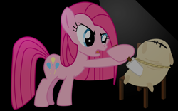 Size: 1280x800 | Tagged: safe, artist:takaishi, madame leflour, pinkie pie, earth pony, pony, chair, knife, pinkamena diane pie, rope, solo