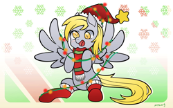 Size: 2362x1476 | Tagged: safe, artist:xenosaga428, derpy hooves, pegasus, pony, blushing, christmas, christmas lights, clothes, cute, female, hat, holiday, mare, scarf, smiling, socks, solo