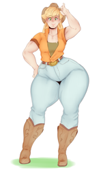 Size: 1329x2206 | Tagged: safe, artist:sundown, applejack, human, applebucking thighs, applejack's hat, belt, belt buckle, boots, clothes, cowboy hat, female, freckles, hat, humanized, impossibly wide hips, jacqueline applebuck, jeans, looking at you, pants, shirt, shoes, simple background, smiling, solo, torn clothes, undershirt, white background, wide hips