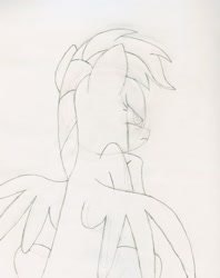 Size: 2361x2977 | Tagged: safe, artist:j4m35c, derpibooru import, rainbow dash, pegasus, pony, angry, crying, monochrome, rear view, solo, traditional art