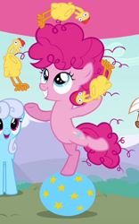 Size: 380x610 | Tagged: safe, screencap, linky, pinkie pie, shoeshine, earth pony, pony, pinkie pride, ball, female, filly, filly pinkie pie, juggling, outfit catalog, rubber chicken, younger