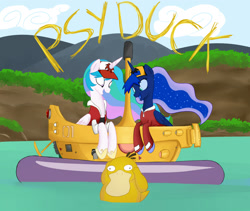 Size: 1600x1350 | Tagged: safe, artist:patty-plmh, derpibooru import, princess celestia, princess luna, alicorn, pony, baseball cap, boat, clothes, crossover, ethereal mane, female, hat, mare, open mouth, outdoors, pokémon, pokémon snap, psyduck, starry mane, two best sisters play