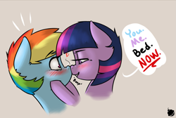 Size: 2075x1398 | Tagged: safe, artist:captainpudgemuffin, derpibooru import, rainbow dash, twilight sparkle, pegasus, pony, alternate hairstyle, bedroom eyes, blushing, boop, dialogue, eye contact, female, grin, heart, imminent sex, implied sex, lesbian, lip bite, looking at each other, mare, nose wrinkle, noseboop, shipping, short hair, short mane, smiling, twidash, wide eyes, you. me. x. now.