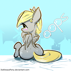 Size: 2000x2000 | Tagged: safe, artist:itsalwayspony, derpy hooves, pegasus, pony, blushing, bubble butt, destruction, female, iron plot, oops, plot, solo, text