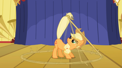 Size: 1365x768 | Tagged: safe, screencap, applejack, earth pony, pony, boast busters, lasso, prehensile tail, solo