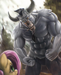 Size: 2281x2829 | Tagged: safe, artist:mrs1989, fluttershy, iron will, pegasus, pony, muscles, painting