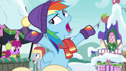 Size: 1280x720 | Tagged: safe, derpibooru import, screencap, berry punch, berryshine, lucky clover, rainbow dash, pegasus, pony, best gift ever, clothes, female, hat, mare, open mouth, scarf, snow, spread hooves