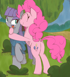 Size: 1000x1100 | Tagged: safe, artist:ollywiicious, maud pie, pinkie pie, earth pony, pony, hug, plant, shrub, sisters, smiling, tree