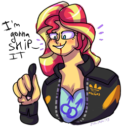 Size: 1366x1380 | Tagged: safe, artist:juliamity, sunset shimmer, equestria girls, blood, female, grin, implied lesbian, nosebleed, pen, shipper on deck, signature, simple background, smiling, solo, sunset shipper, transparent background