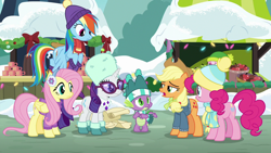 Size: 1280x720 | Tagged: safe, derpibooru import, screencap, applejack, fluttershy, pinkie pie, rainbow dash, rarity, spike, twilight sparkle, twilight sparkle (alicorn), alicorn, dragon, earth pony, pegasus, pony, unicorn, best gift ever, clothes, earmuffs, female, glasses, hat, male, mane seven, mane six, mare, scarf, snow, winged spike