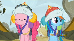 Size: 1250x700 | Tagged: safe, derpibooru import, screencap, pinkie pie, rainbow dash, earth pony, pegasus, pony, the lost treasure of griffonstone, animation error, discovery family logo, eyes closed, hat, mongolian shepherd hat