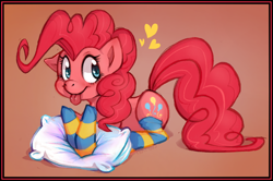 Size: 1100x730 | Tagged: safe, artist:hektious, pinkie pie, earth pony, pony, clothes, heart, pillow, prone, socks, solo, striped socks, tongue out