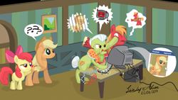 Size: 1920x1080 | Tagged: safe, artist:leirbagahcor, apple bloom, applejack, big macintosh, granny smith, earth pony, pony, apple family, computer, facebook, glasses, male, pictogram, stallion