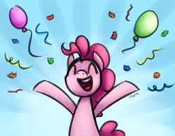 Size: 2299x1788 | Tagged: safe, artist:chiramii-chan, pinkie pie, earth pony, pony, balloon, bipedal, confetti, cute, diapinkes, eyes closed, female, mare, open mouth, solo