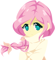 Size: 2500x2713 | Tagged: safe, artist:oathkeeper21, fluttershy, human, alternate hairstyle, braid, bust, clothes, colored pupils, cute, humanized, shyabetes, simple background, solo, sweater, sweatershy, transparent background, vector