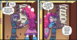 Size: 1122x579 | Tagged: safe, idw, maud pie, pinkie pie, equestria girls, spoiler:comic, spoiler:comicholiday2014, balloon, boots, bracelet, clothes, high heel boots, jewelry, misspelling, pizza, skirt