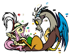 Size: 899x695 | Tagged: safe, artist:hexfloog, discord, fluttershy, draconequus, pegasus, pony, female, male, mare, yellow coat