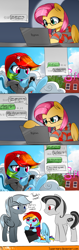 Size: 787x2502 | Tagged: safe, artist:supermare, derpibooru import, fluttershy, rainbow dash, oc, pegasus, pony, anatomically incorrect, beanie, cellphone, clothes, comic, computer, delsin rowe, eugene sims, glasses, hat, incorrect leg anatomy, infamous, infamous second son, laptop computer, phone, playstation 4