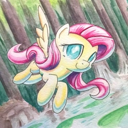 Size: 1024x1024 | Tagged: safe, artist:dynamiclines, fluttershy, pegasus, pony, flying, forest, solo, traditional art