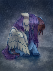 Size: 2250x3000 | Tagged: safe, artist:gem-magic, derpibooru import, fluttershy, rainbow dash, pegasus, pony, crying, female, flutterdash, hug, lesbian, rain, sad, shipping, winghug