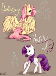 Size: 698x960 | Tagged: safe, artist:glasshobo, fluttershy, rarity, pegasus, pony, unicorn, looking back, no more ponies at source, sitting, spread wings