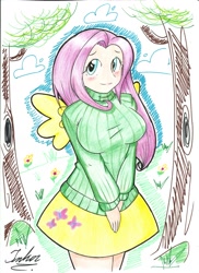 Size: 1280x1763 | Tagged: safe, artist:thearcano13, fluttershy, human, breasts, clothes, female, hootershy, humanized, solo, sweatershy, traditional art, winged humanization
