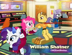 Size: 1200x926 | Tagged: safe, artist:pixelkitties, derpy hooves, grand pear, maud pie, pinkie pie, rarity, earth pony, pegasus, pony, unicorn, burrito, female, food, hilarious in hindsight, james t kirk, male, mare, parody, pixelkitties' brilliant autograph media artwork, red shirt, sitting, spock, stallion, star trek, uss enterprise, voice actor joke, william shatner, young grand pear, younger