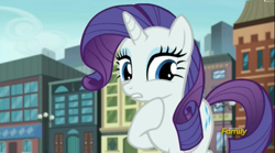 Size: 2505x1393 | Tagged: safe, screencap, rarity, pony, unicorn, the gift of the maud pie, architecture, building, discovery family logo, female, manehattan, mare, solo