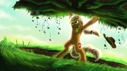 Size: 1920x1080 | Tagged: safe, artist:doomsp0rk, applejack, earth pony, pony, badass, bipedal, earth pony magic, earth pony master race, levitation, solo, terrakinesis