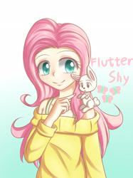 Size: 1880x2507 | Tagged: safe, artist:dyoung, angel bunny, fluttershy, human, clothes, humanized, pixiv, solo, sweatershy