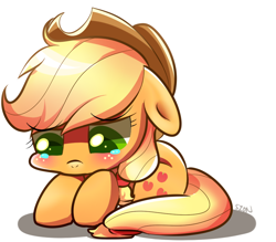 Size: 800x700 | Tagged: safe, artist:sion-ara, applejack, earth pony, pony, blushing, chibi, colored pupils, crying, cute, floppy ears, frown, jackabetes, pouting, prone, sad, solo