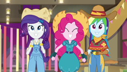 Size: 1280x720 | Tagged: safe, derpibooru import, screencap, pinkie pie, rainbow dash, rarity, better together, equestria girls, five to nine, cowgirl, cowgirl outfit, farmer pinkie, rarihick