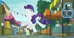 Size: 2481x1281 | Tagged: safe, screencap, rarity, pony, unicorn, the gift of the maud pie, animation error, behaving like pinkie pie, camera, discovery family logo, great moments in animation, missing horn