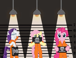 Size: 2160x1669 | Tagged: safe, artist:spellboundcanvas, fluttershy, pinkie pie, rarity, earth pony, pegasus, pony, unicorn, bipedal, clothes, horn cap, magic suppression, mugshot, prison, prison outfit, prisoner pp, prisoner ry