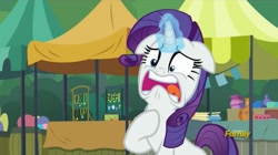 Size: 1577x881 | Tagged: safe, screencap, rarity, pony, unicorn, the gift of the maud pie, discovery family logo, faic, female, flea market, floppy ears, glowing horn, magic, manehattan, mare, marshmelodrama, rarity being rarity, solo